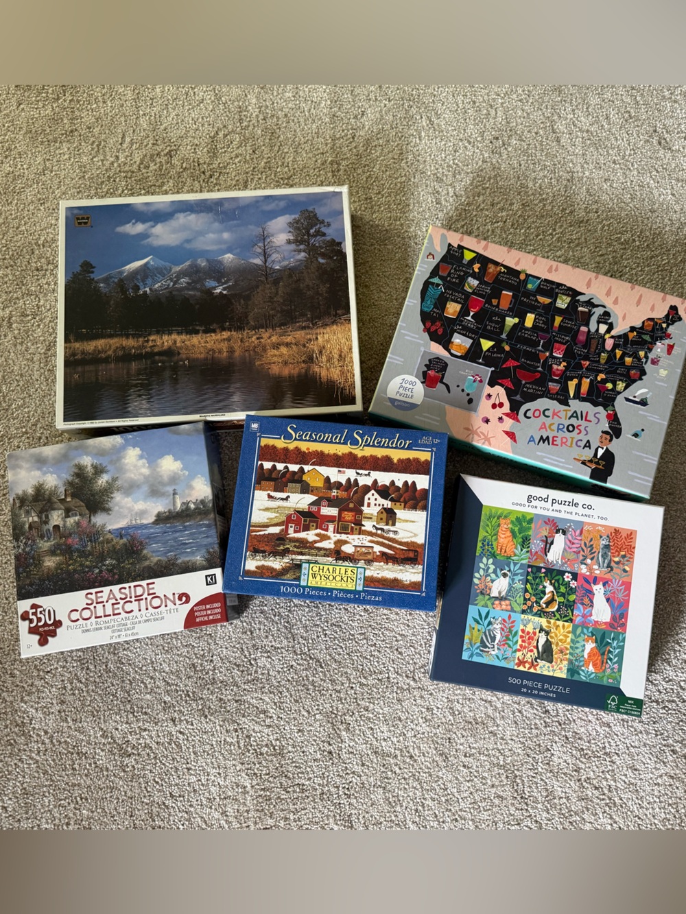SET of FIVE Puzzles x3 1000 piece, x1 550 piece, x1 at 500 piece Landscape Cats